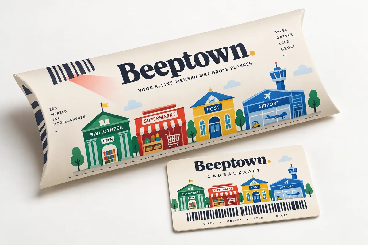 De Beeptown-cadeaukaart en het cadeaudoosje, met de bibliotheek, supermarkt, het postkantoor en het vliegveld