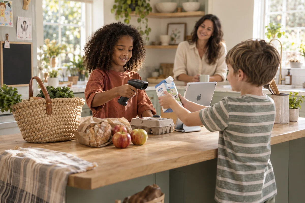 Twee kinderen scannen boodschappen met een iPad en scanner, terwijl een ouder glimlachend toekijkt.