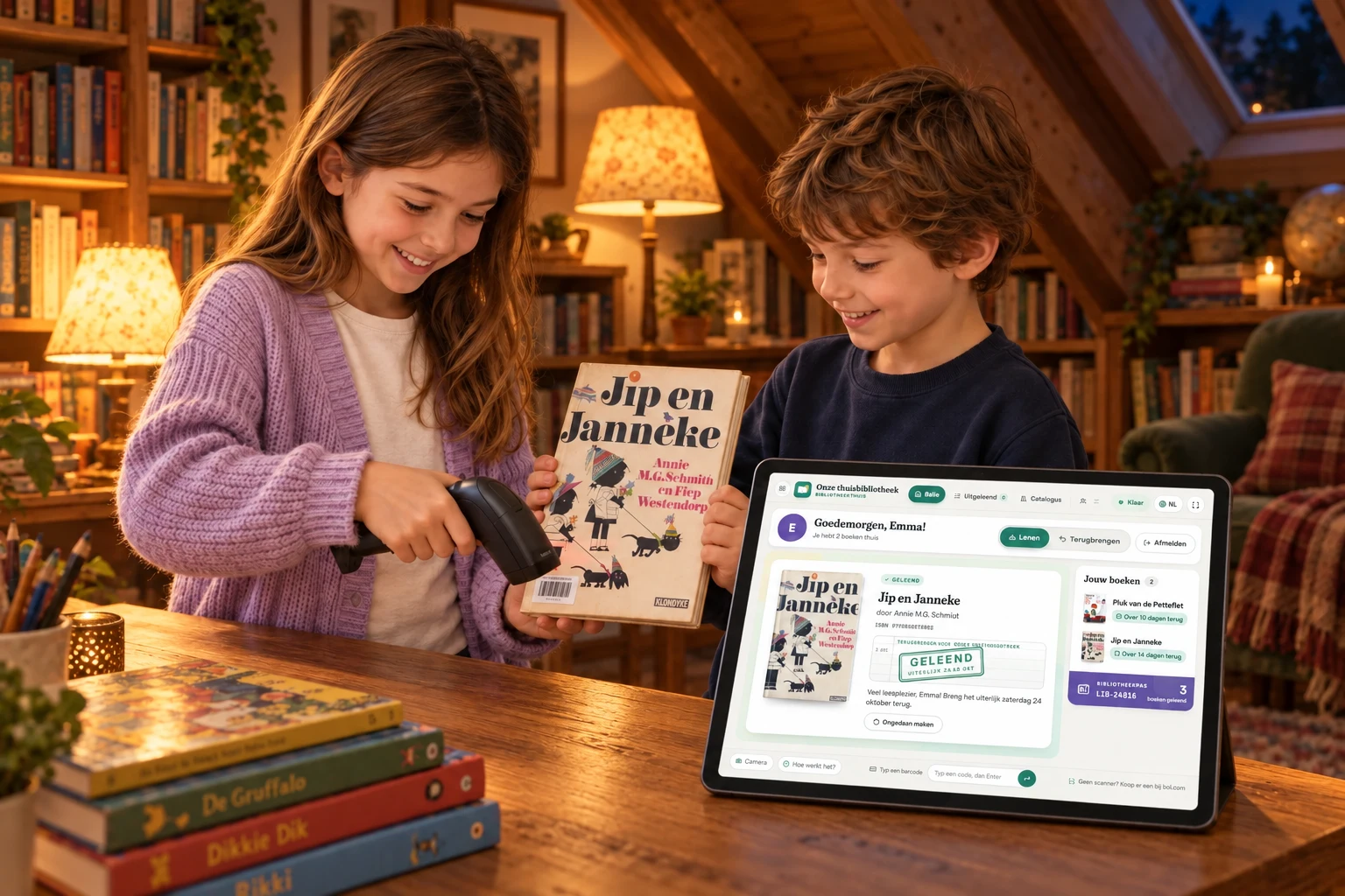 Twee kinderen spelen bibliotheek. Eén scant een boek; dezelfde boekomslag is zichtbaar in de Beeptown-app op de iPad.