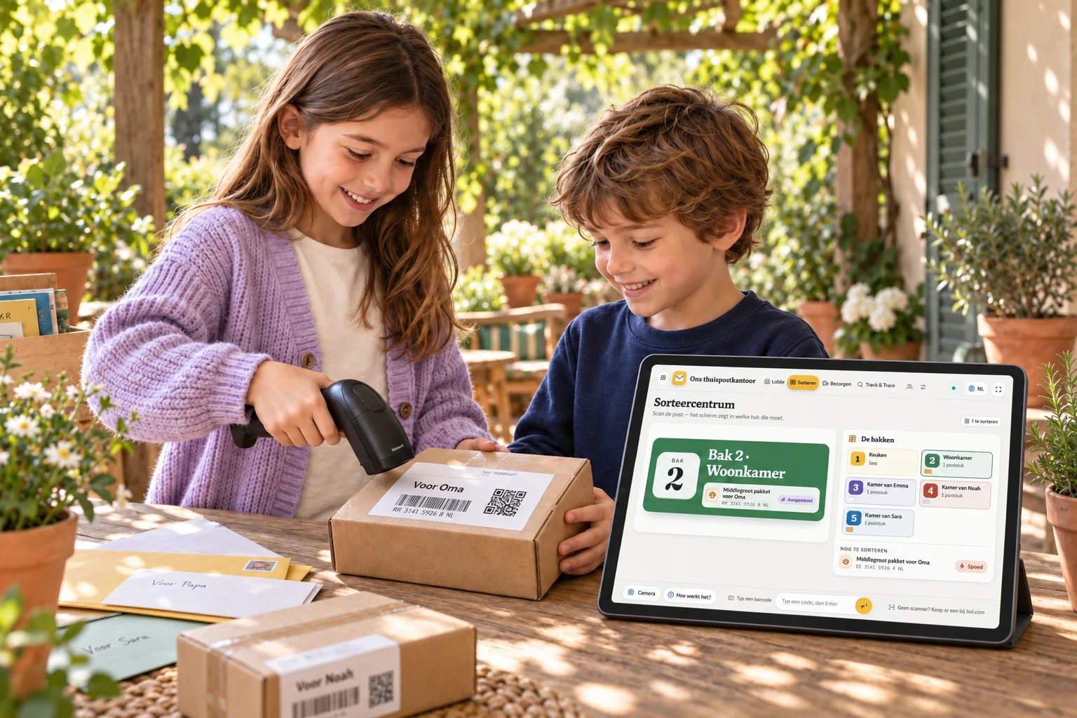 Twee kinderen spelen postkantoor. Eén scant een pakket voor oma; het bijbehorende pakket staat in de Beeptown-app op de iPad.