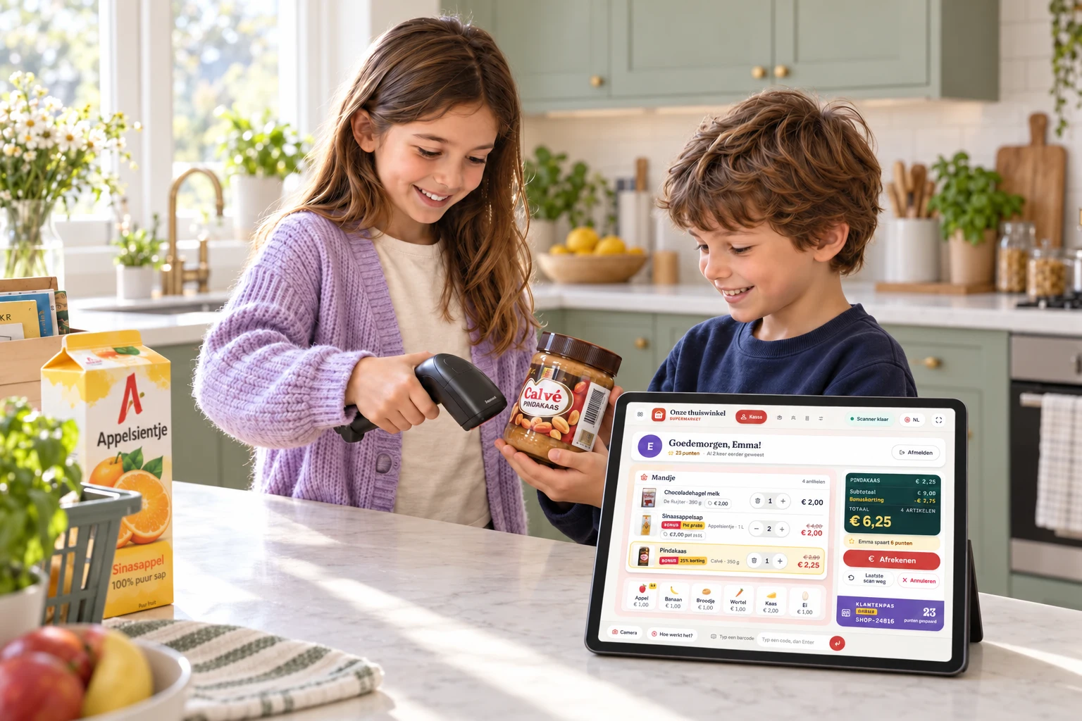 Twee kinderen spelen supermarkt. Eén scant een pot pindakaas; dezelfde pot is zichtbaar in de Beeptown-app op de iPad.
