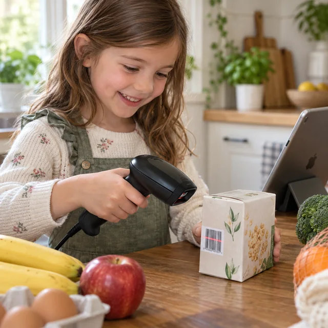 Een kind scant een barcode met een handscanner.
