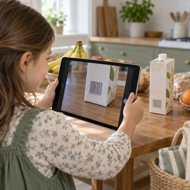Een kind scant een barcode met de camera van de iPad zelf.