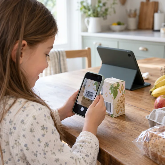 Een kind gebruikt een losse telefoon als scanner voor de iPad.